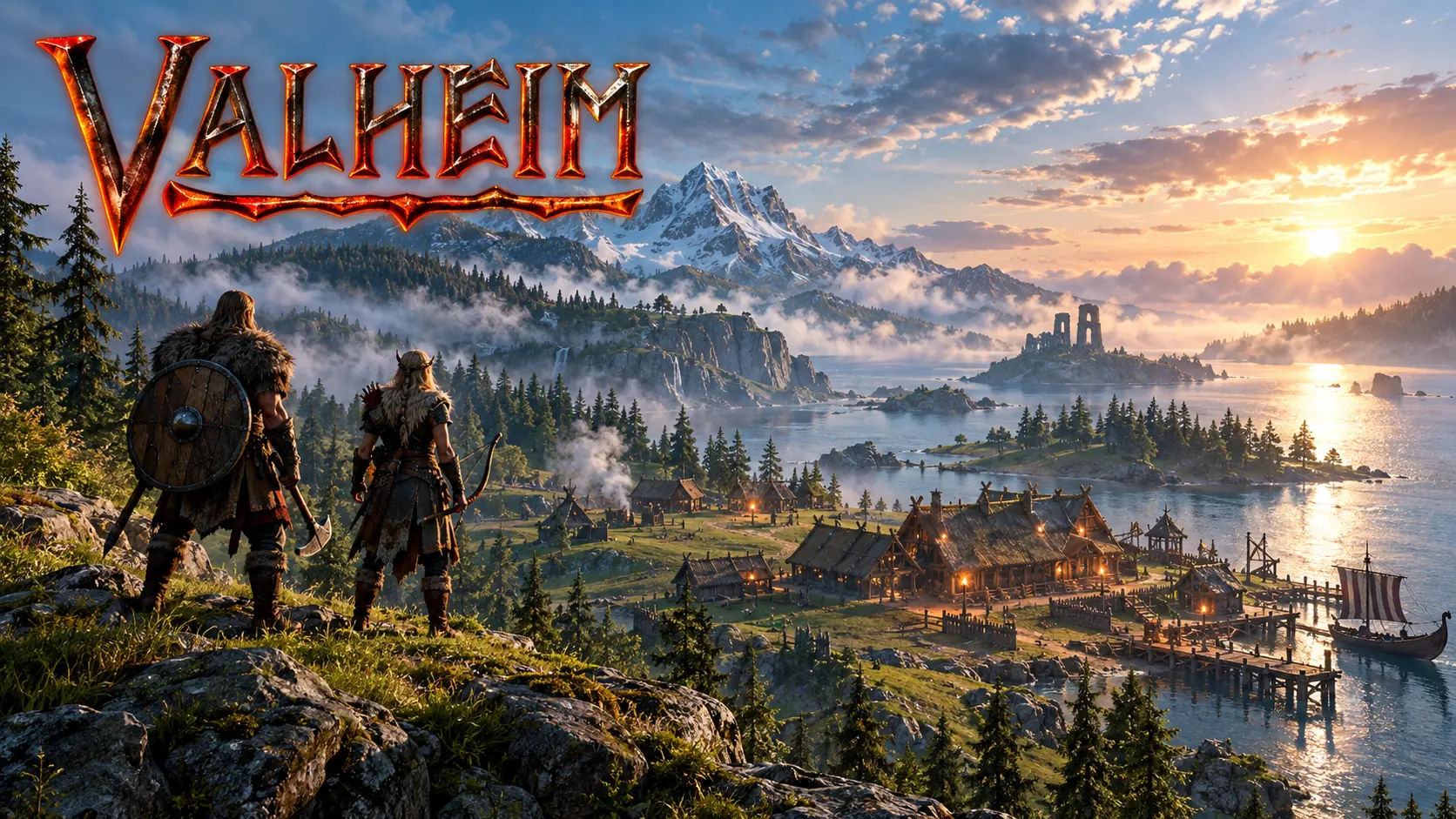 Viking adventurers overlook a fjord village and longship at golden hour